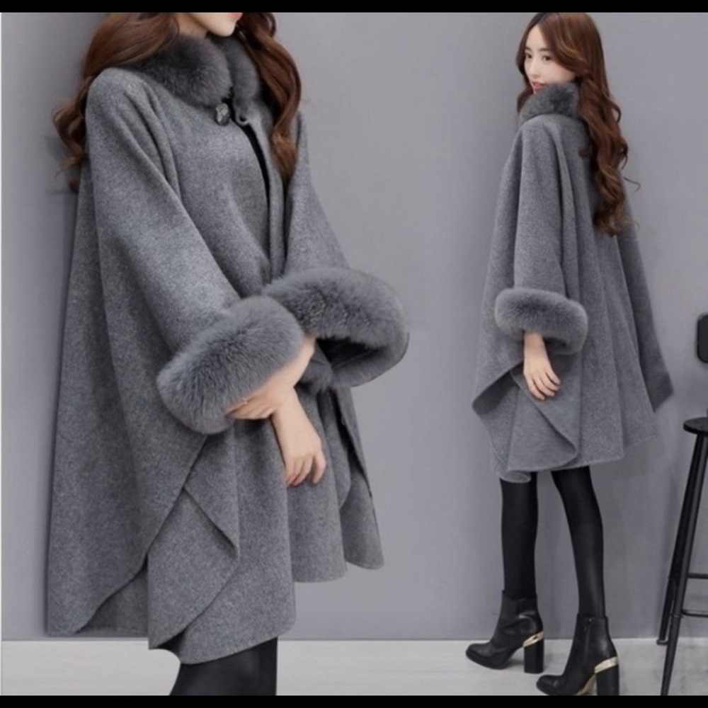 Grey cape jacket with faux fur trim